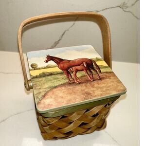 Vintage Wicker Strap Horse Basket 4” EUC Green Trim